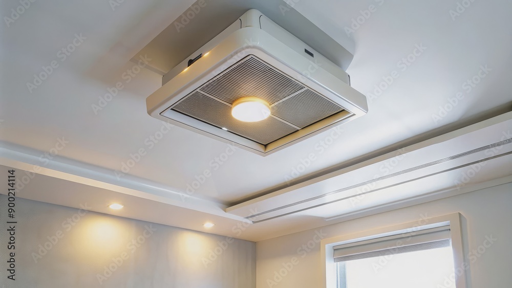 Ceiling mounted cassette type air conditioner and modern lamp light on ...