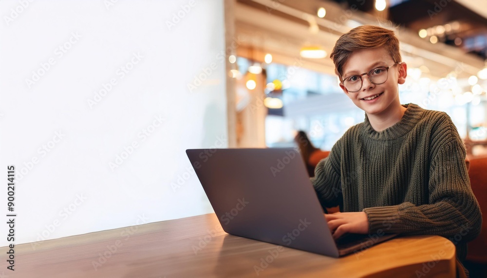 Young man working on laptop, boy freelancer or student with computer in cafe at table looking in camera. Model by AI generative Young man working on laptop, boy freelancer or student with computer in cafe at table looking in camera. Model by AI generative