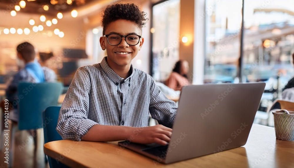 Young man working on laptop, boy freelancer or student with computer in cafe at table looking in camera. Model by AI generative Young man working on laptop, boy freelancer or student with computer in cafe at table looking in camera. Model by AI generative