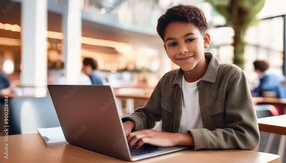 Young man working on laptop, boy freelancer or student with computer in cafe at table looking in camera. Model by AI generative Young man working on laptop, boy freelancer or student with computer in cafe at table looking in camera. Model by AI generative