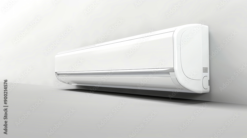 A white air conditioner unit sits against a plain white wall, ready to provide cool air on a hot day A white air conditioner unit sits against a plain white wall, ready to provide cool air on a hot day