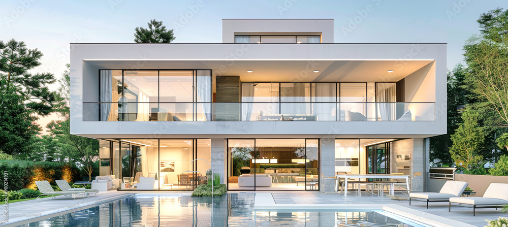 Fototapeta premium A modern cottage with large windows overlooking a swimming pool and garden. The sun is setting, casting a warm glow on the scene