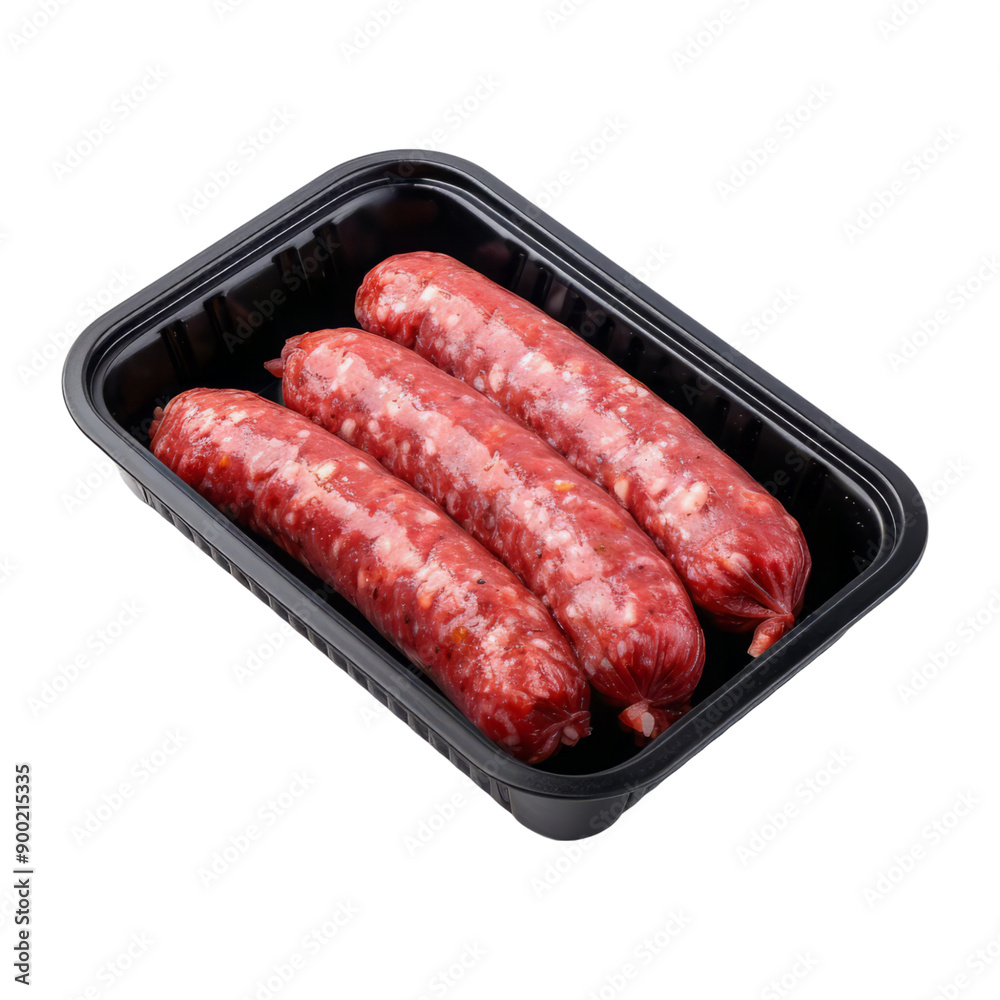 Fresh, raw sausage links displayed in a black plastic tray, ready for cooking or grilling. Ideal for meat dishes and recipes. Fresh, raw sausage links displayed in a black plastic tray, ready for cooking or grilling. Ideal for meat dishes and recipes.