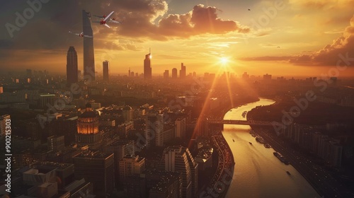 city, skyscrapers, sunset, river passing through the city, glass reflection, poster composition, flying aircraft in the city, parallel perspective, light and shadow, film effect,High definition, 8K re