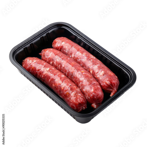 Fresh, raw sausage links displayed in a black plastic tray, ready for cooking or grilling. Ideal for meat dishes and recipes.