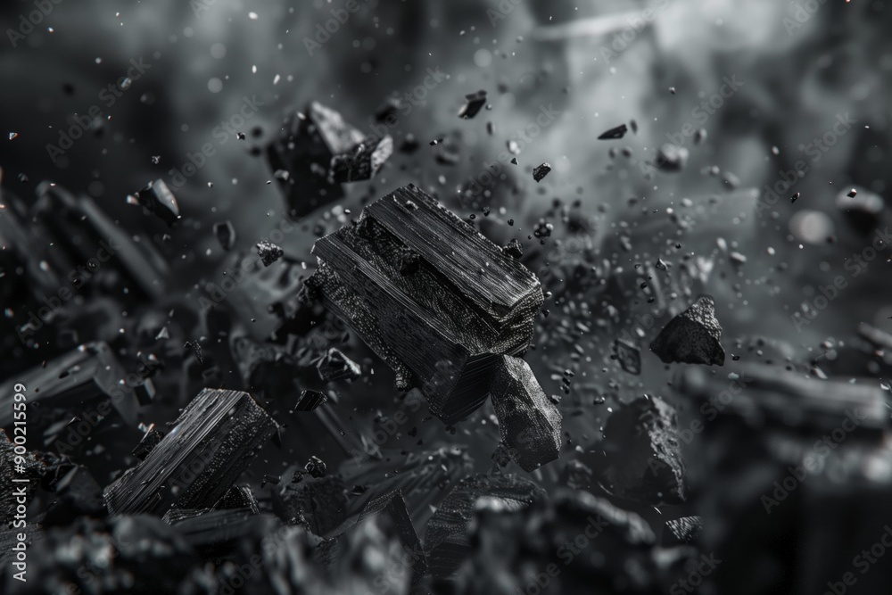Exploding Coal Explosion of black coal in close-up macro photography of floating coals ...