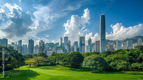 The skyline of the city, the green space below the city building, the sky above the city building, the real scene,Camera shooting 