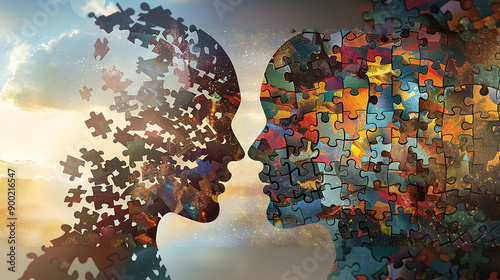 A conceptual illustration of two human faces composed of puzzle pieces, representing the complexity of human relationships and communication.