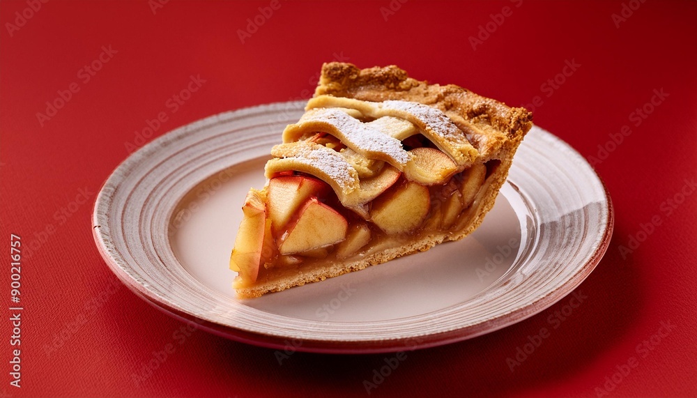 Apple pie slice on red background Apple pie slice on red background