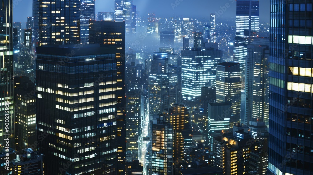 Fototapeta premium At night, in a big city with many high-rise buildings, many of the office buildings are still lit up 