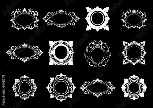 Twelve Vintage Ornamental Frames Set on Black ground in Different Shapes For Cards, Backgrounds, Posters, and Decorative Designs