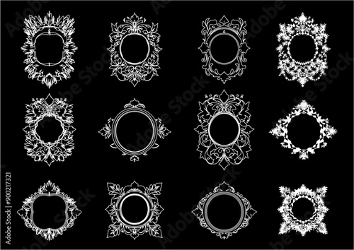Intricate Collection of Twelve Vintage Ornamental Frames on Black Blackground For Different Type of Posters, Cards, and Backgrounds