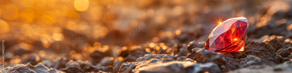 Radiant Red Gemstone on Rocky Surface with Warm Golden Bokeh Background Radiant Red Gemstone on Rocky Surface with Warm Golden Bokeh Background