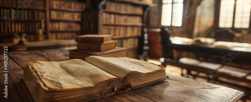 Vintage Library with Open Antique Book on Wooden Desk in Historical Setting