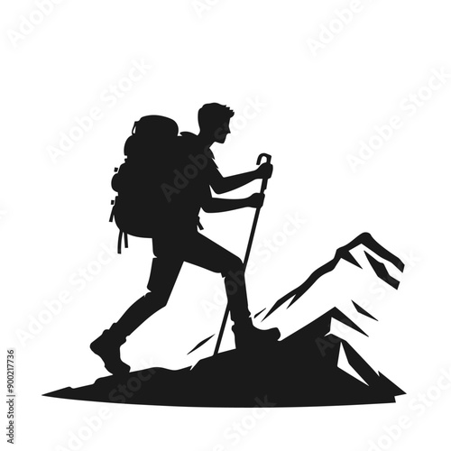 Clean Black and white vector silhouette of a Hiker on white background