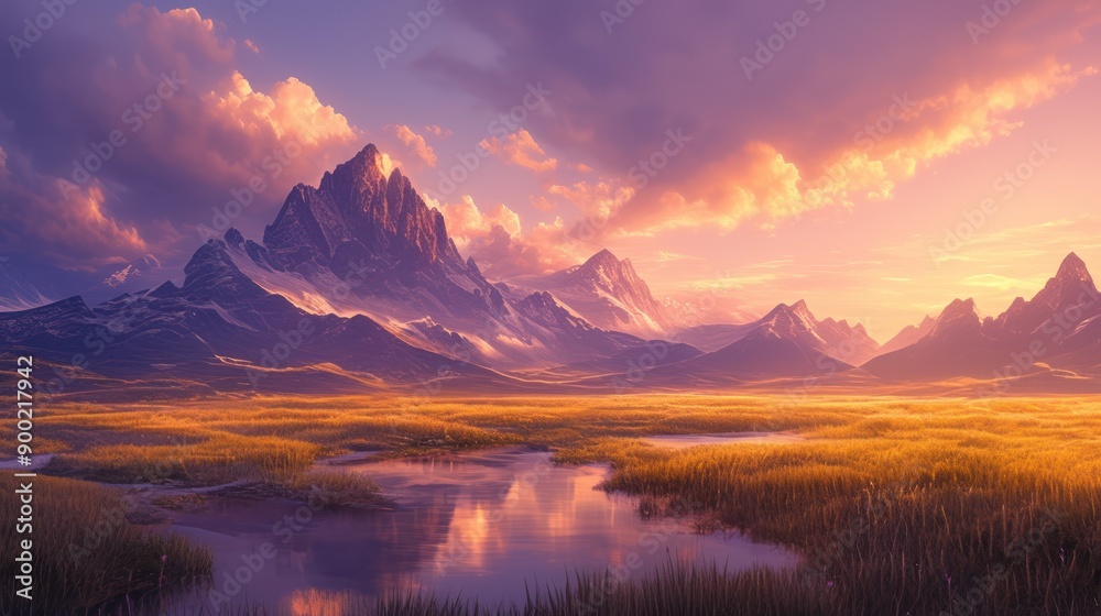 Fototapeta premium Stunning sunset over serene mountain landscape with peaceful water reflections, capturing nature's beauty and tranquility.