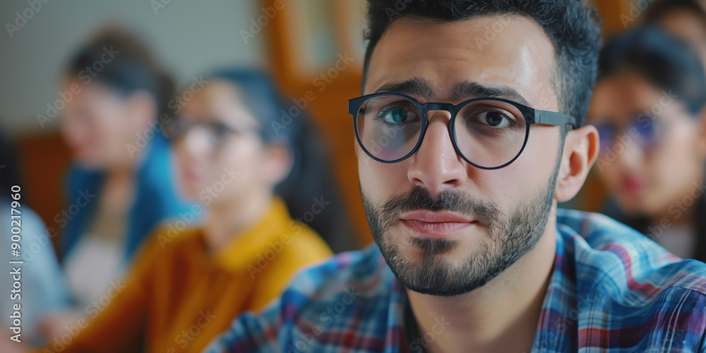 Thoughtful Student in Glasses Attending Lecture in Classroom Thoughtful Student in Glasses Attending Lecture in Classroom