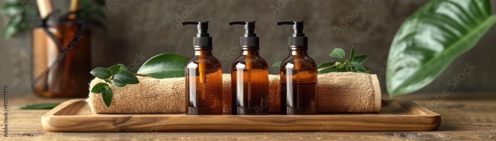 Stylish amber bottles with pumps, arranged on a wooden tray, perfect for showcasing organic beauty or wellness products. Stylish amber bottles with pumps, arranged on a wooden tray, perfect for showcasing organic beauty or wellness products.