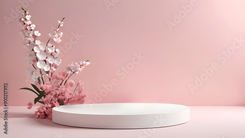 3D podium stand background scene floral mockup cosmetic white blossom summer abstract shadow platform minimal design render stage. Background podium 3D spring flower product beauty pink display nature