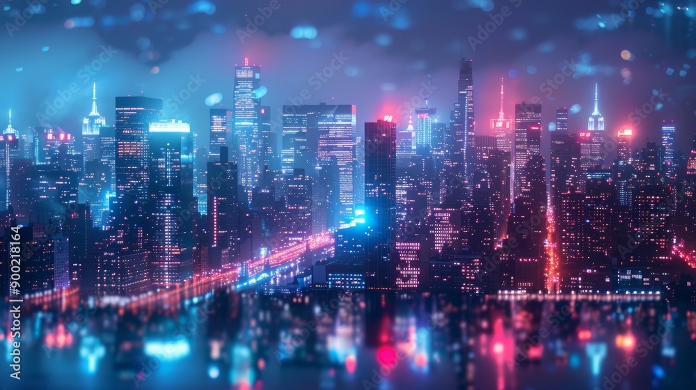 City scene at night, bright lights on tall buildings City scene at night, bright lights on tall buildings