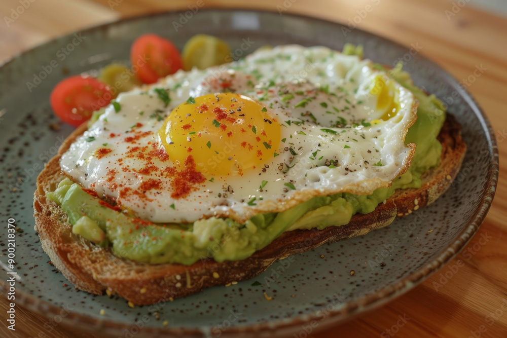 A Close Up of Avocado Toast with a Fried Egg Topped with Spices and Herbs A Close Up of Avocado Toast with a Fried Egg Topped with Spices and Herbs