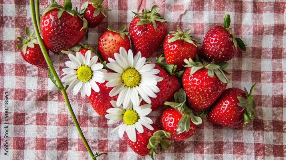 strawberries and daisies in a heart shape on a checkered tablecloth strawberries and daisies in a heart shape on a checkered tablecloth