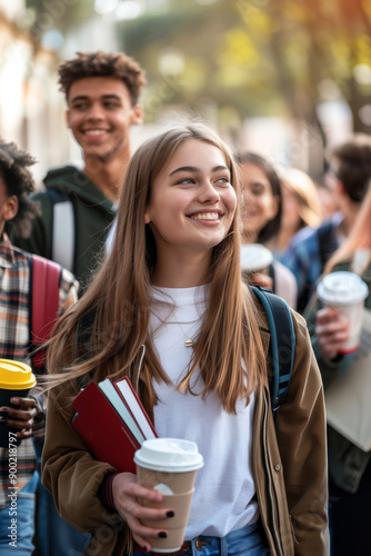 A Group of Diverse Students Enjoying a Coffee Break in the City photo