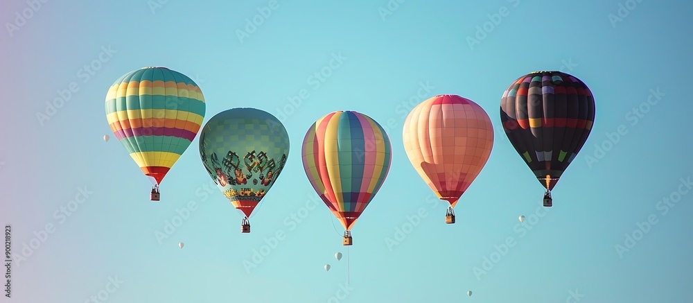Fototapeta premium A rainbow of hot air balloons floating gracefully in a clear sky, symbolizing the uplifting nature of friendships.