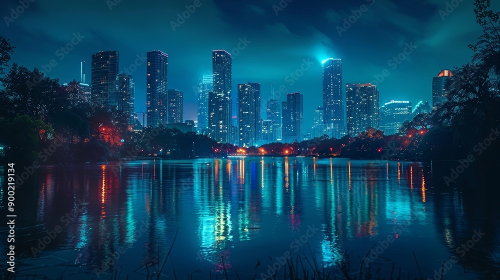 Fototapeta premium iconic shot of city skyline at night, ultrarealistic photography 