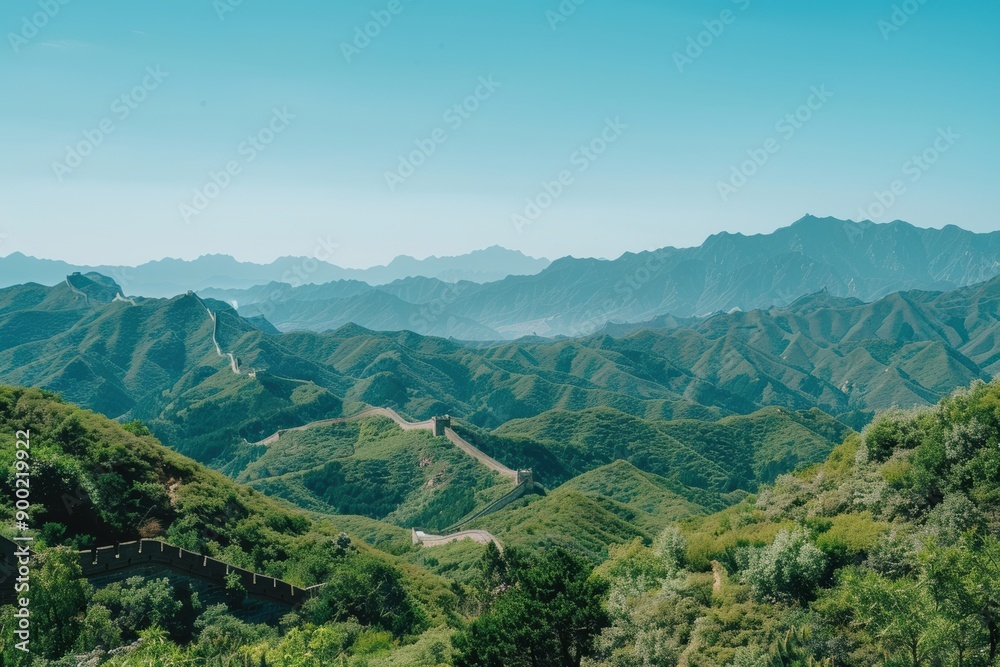 Fototapeta premium A picturesque scene of the Great Wall of China snaking through lush green mountains, under a clear blue sky