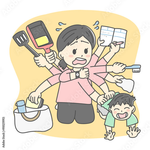 忙しく子育てしているお母さんのイラスト