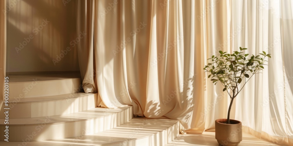 Serene Elegance: Minimalist Interior with Cream Drapes and Potted Plant in Natural Sunlight Serene Elegance: Minimalist Interior with Cream Drapes and Potted Plant in Natural Sunlight