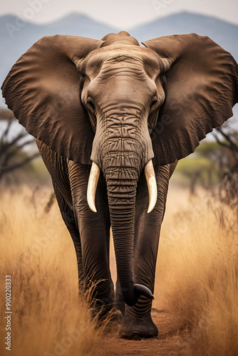 Powerful Majesty of a Tranquil African Elephant in Savannah Landscape: A Portrait of Resilience and Charm