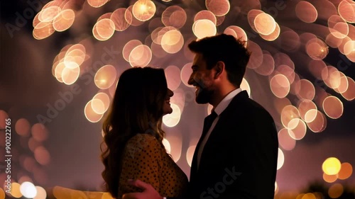 A young couple standing together, watching New Year fireworks light up the sky. Bright, colorful lighting from the fireworks highlights their excited expressions and the festive atmosphere.
