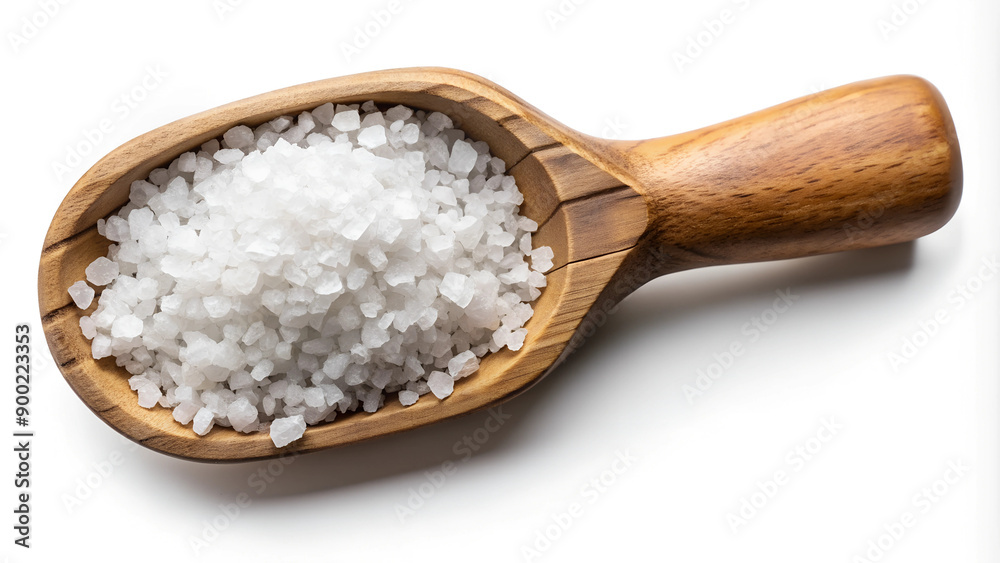Sea salt crystals displayed in a wooden scoop, viewed from above and isolated on a white background