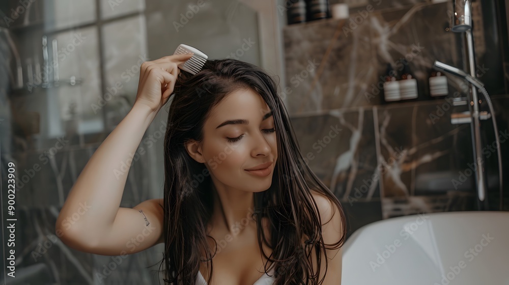 Brunette Female Brushing Hair With Hairbrush Sitting On Bathtub Indoor. Brunette Female Brushing Hair With Hairbrush Sitting On Bathtub Indoor.