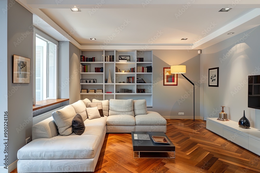 Fototapeta premium Modern living room with white sectional sofa, bookshelves and hardwood floors.
