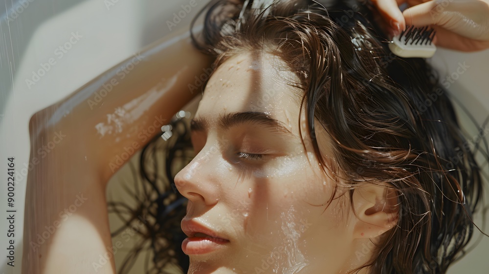 Naklejka premium Brunette Female Brushing Hair With Hairbrush Sitting On Bathtub Indoor. 