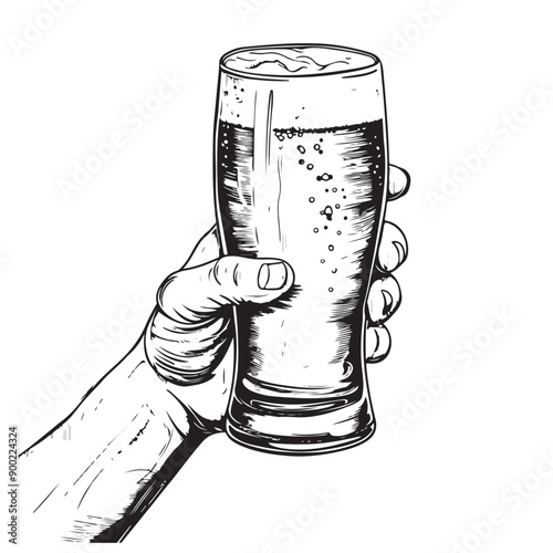 Male hand holding glass of lager foamy beer. Alcoholic drink. Clipart drawing in engraving style for restaurant or pub menu