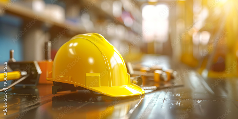 Yellow safety helmet and construction tools in workshop Yellow safety helmet and construction tools in workshop