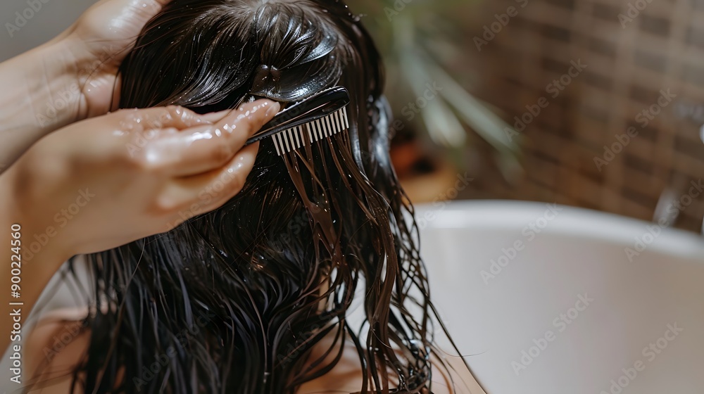 Naklejka premium Brunette Female Brushing Hair With Hairbrush Sitting On Bathtub Indoor. 