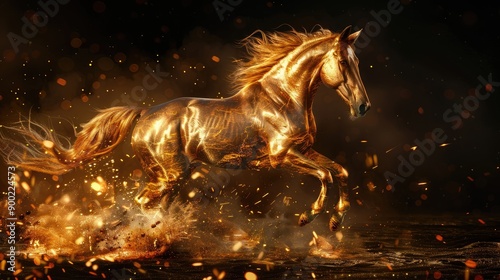 gold horse run in speed with Sparks on dark background 