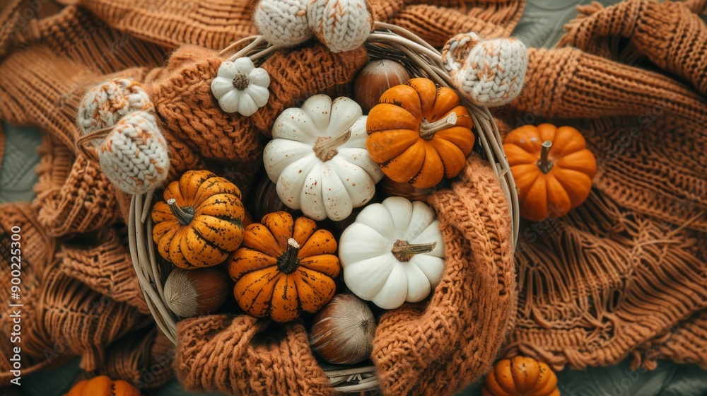 A basket of pumpkins and acorns is sitting on a blanket A basket of pumpkins and acorns is sitting on a blanket