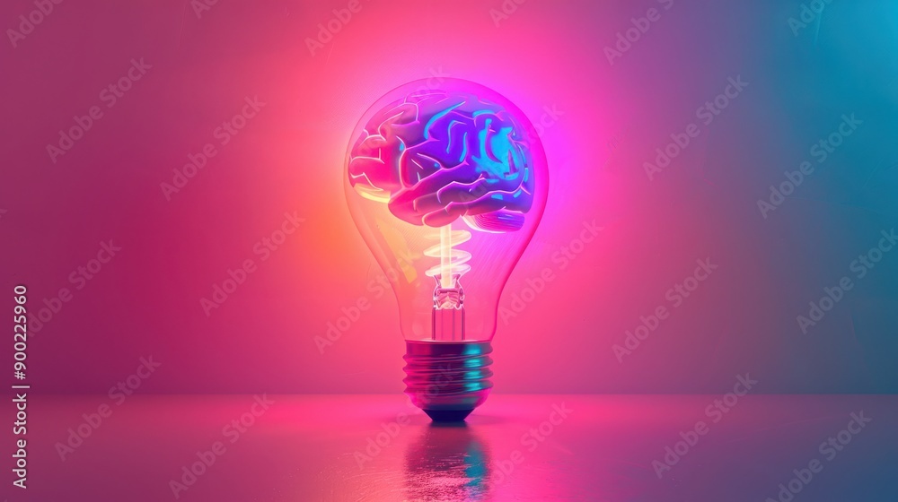 Brainpower Illuminated: A glowing light bulb with a vibrant blue brain inside, radiating energy and illuminating a pink and blue gradient background. The image symbolizes the power of the human mind, 