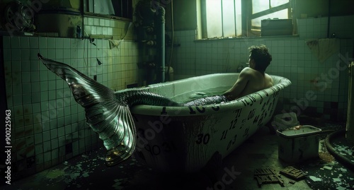 Man with Mermaid Tail in Old Bathtub