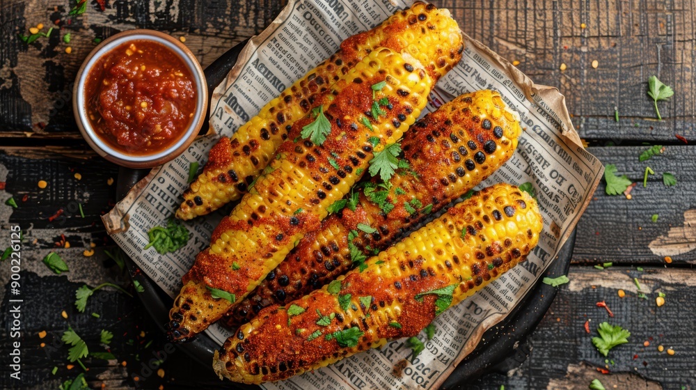 Fototapeta premium Spicy Grilled Corn Fiesta: A tantalizing top-down view of charred corn on the cob, slathered in vibrant red pepper sauce and scattered with fresh cilantro, served on rustic parchment paper. 