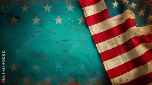 A weathered American flag banner hangs on a turquoise background with white stars