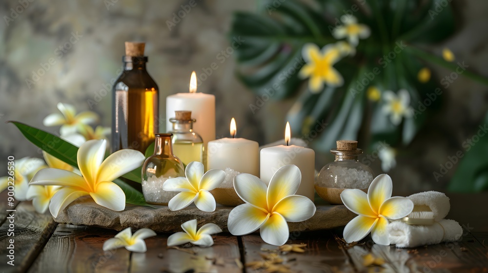 Beautiful spa composition with candles, frangipani flower, oil flasks and other decor elements. Beautiful spa composition with candles, frangipani flower, oil flasks and other decor elements.