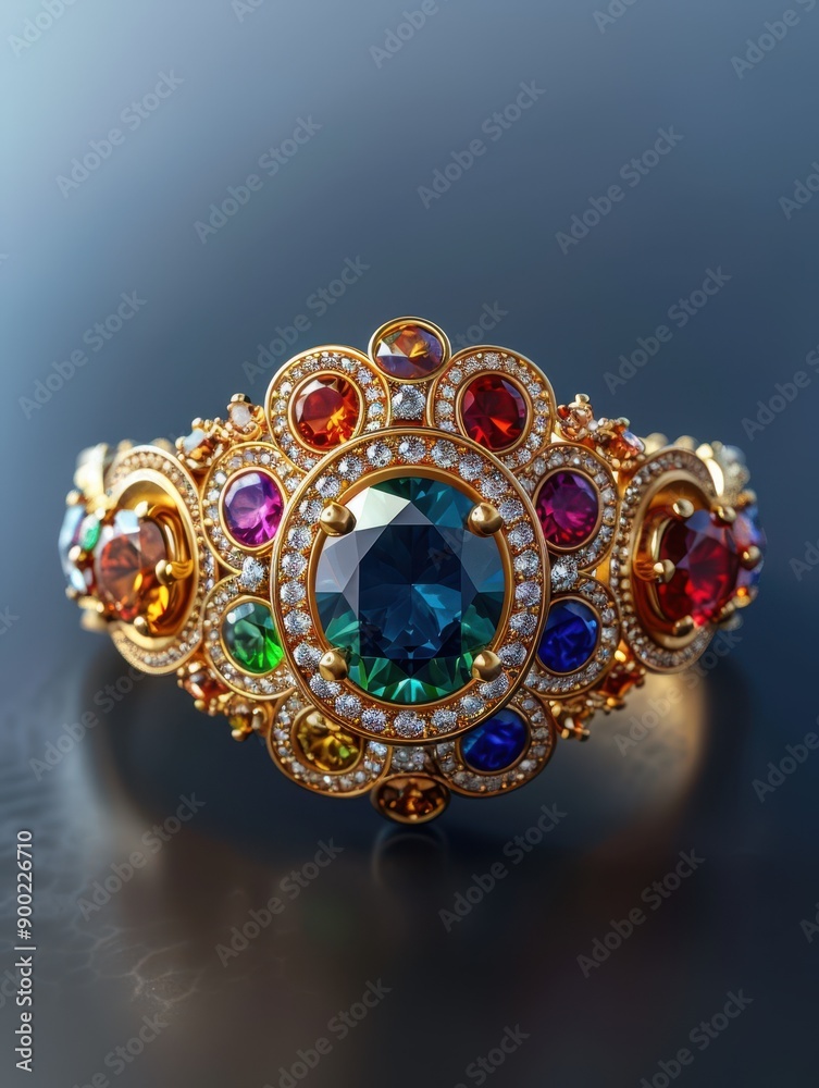 A gold and diamond ring with a colorful gemstone band A gold and diamond ring with a colorful gemstone band