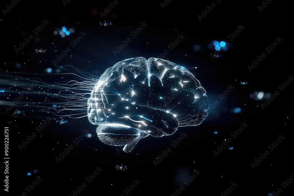 A Digital Representation of a Brain with Connected Lines and Glowing Points